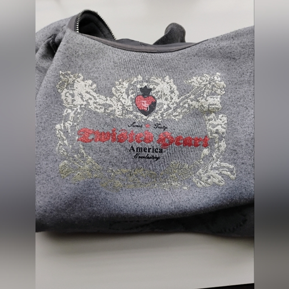 VINTAGE OOAK Dark Gray Velour Hoodie w/Rhinestones & Satin Details Size Small ❤️ - Picture 5 of 9